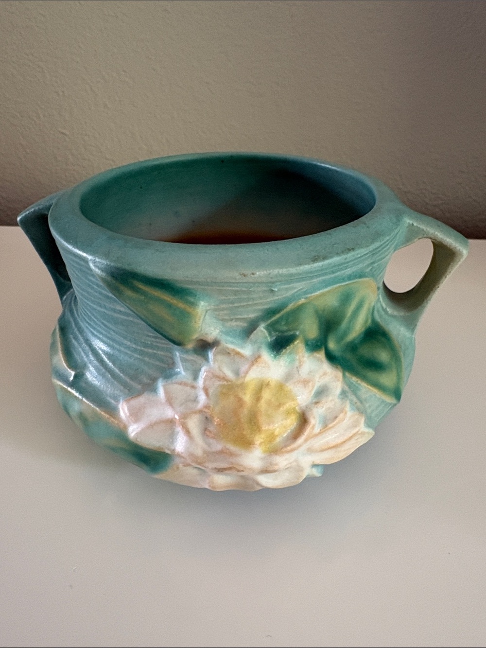 Vintage Roseville Pottery Water Lily Jardiniere Planter 663 - Blue/Green 3”